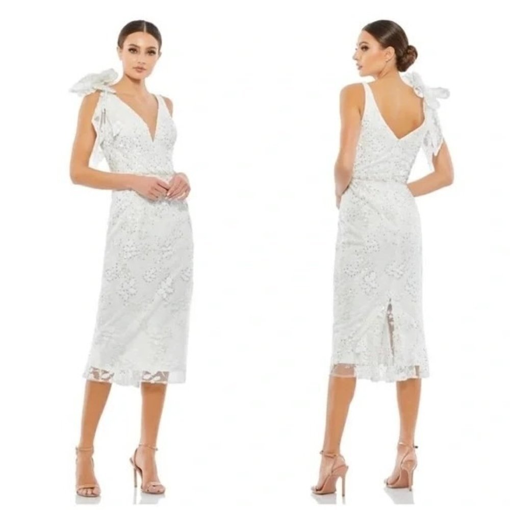 Mac Duggal Bridal Cocktail Dress Midi Sequin Lace Bow Strap Size 4  79337 Ivory